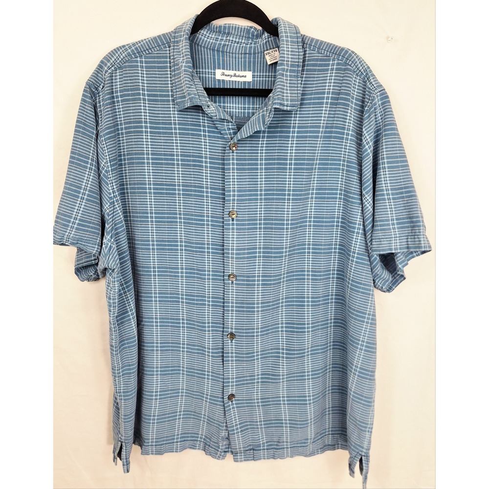 Tommy Bahama Blue White Plaid Short Sleeve‎ Size XXL 100% Silk